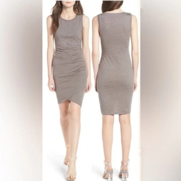 LEITH Ruched Body-Con Sleeveless Greige Dress, Tulip Hem, Heather Knit, XXL - Picture 11 of 13